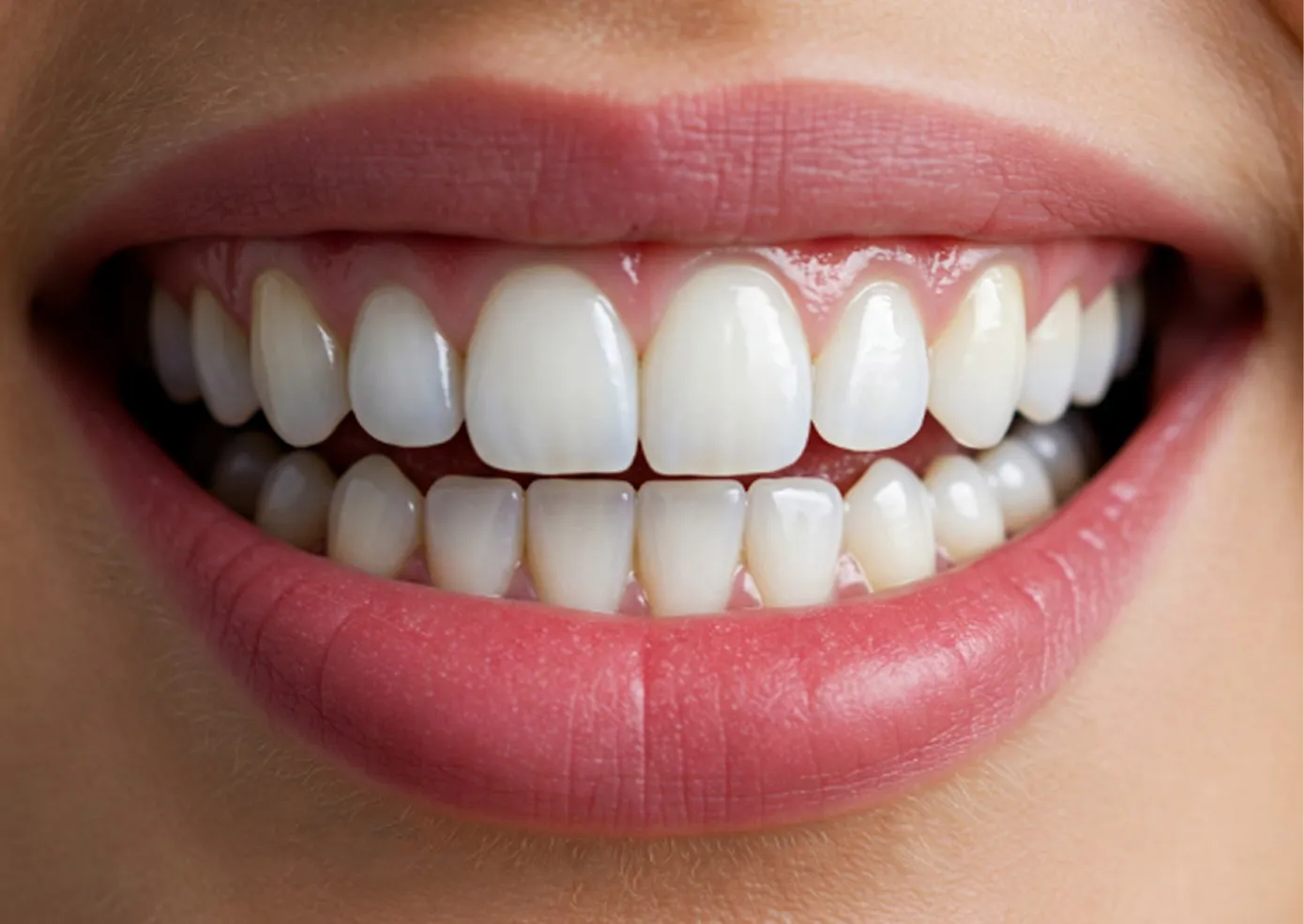A close up a perfect smile from veneers 